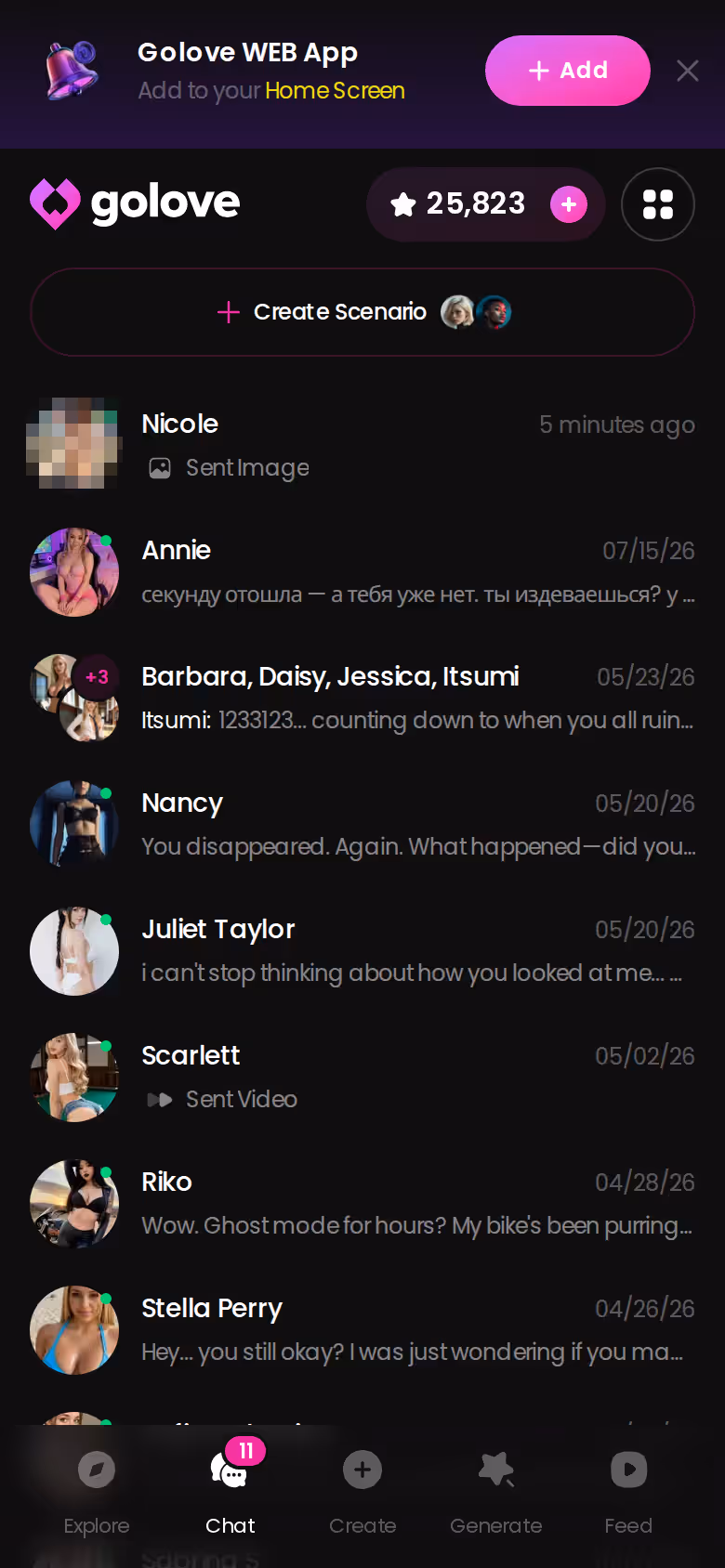 GoLove.ai chats list on mobile showing a short roster of AI girlfriend conversations