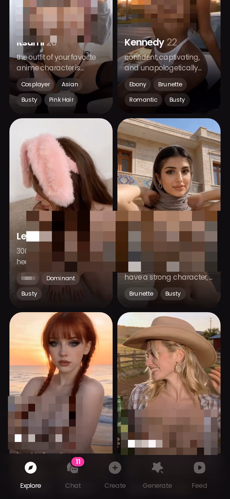 GoLove.ai Explore grid on mobile showing realistic AI girlfriend character cards that open straight into chat
