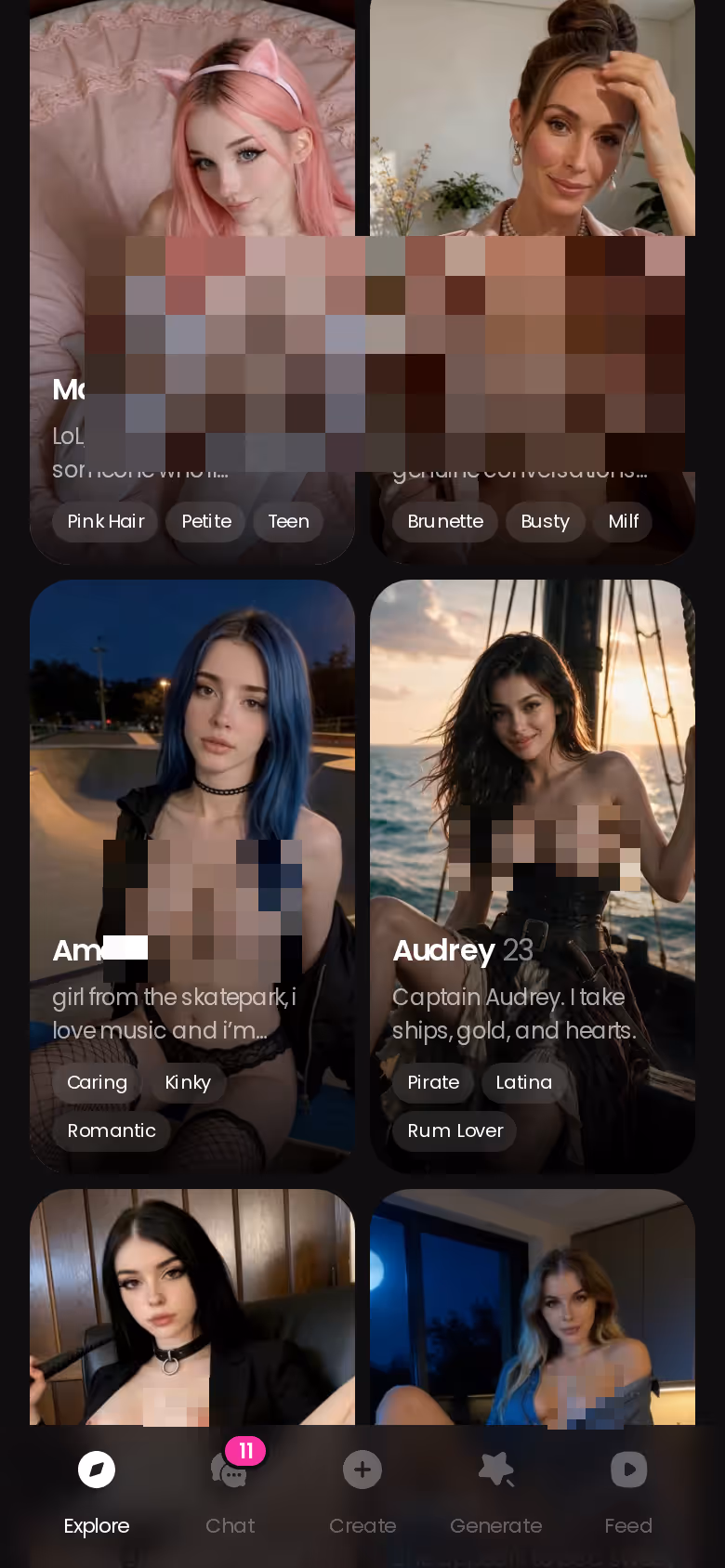 GoLove.ai mobile Explore grid of realistic AI girlfriend characters, tap any card to open a chat