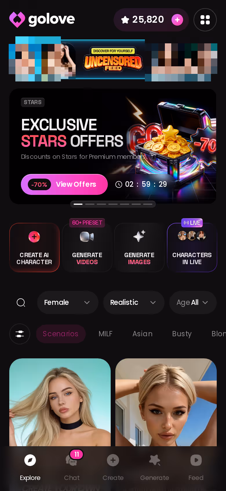 Mobile GoLove.ai Explore page with banners and character grid — best ai girlfriend no subscription