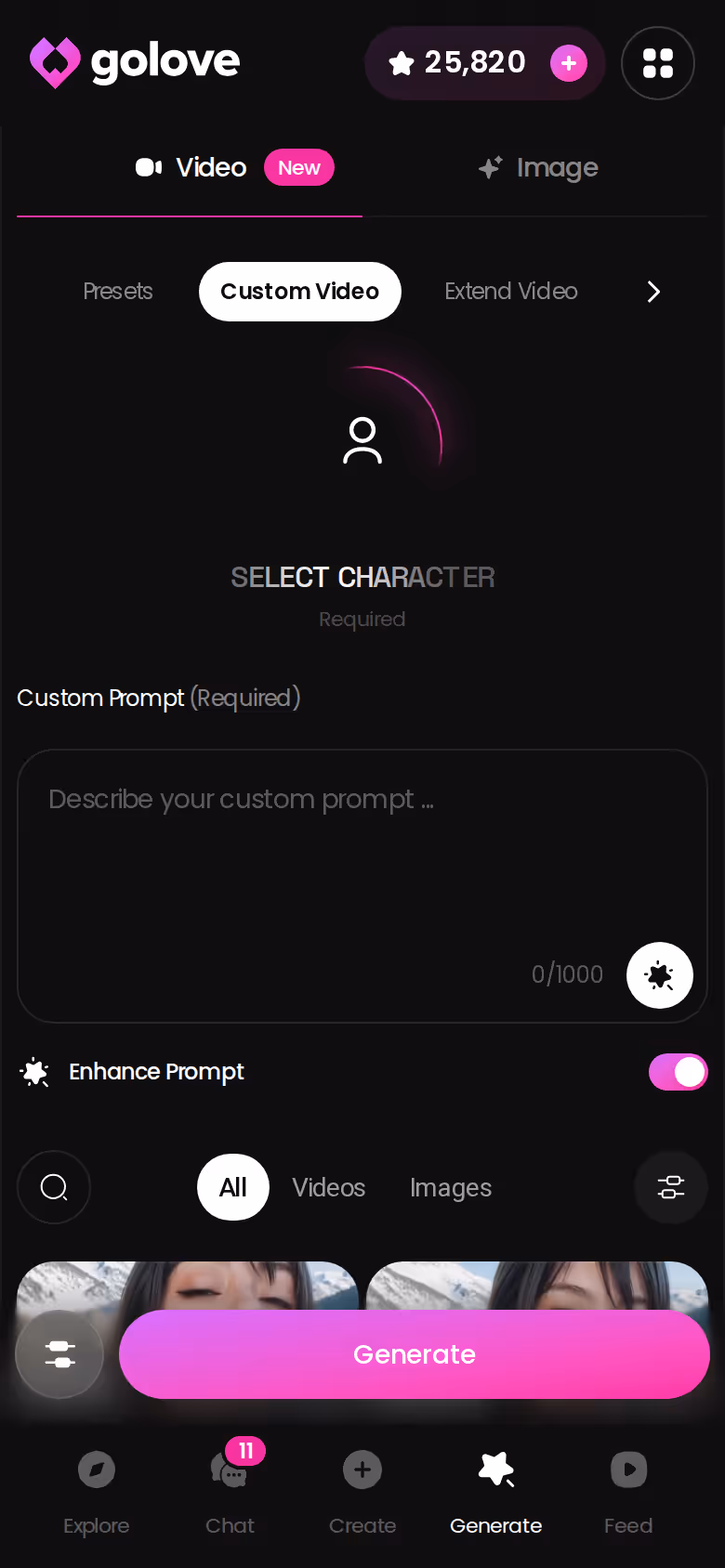 GoLove mobile Generate tab showing the same Custom Video prompt, resolution and duration controls