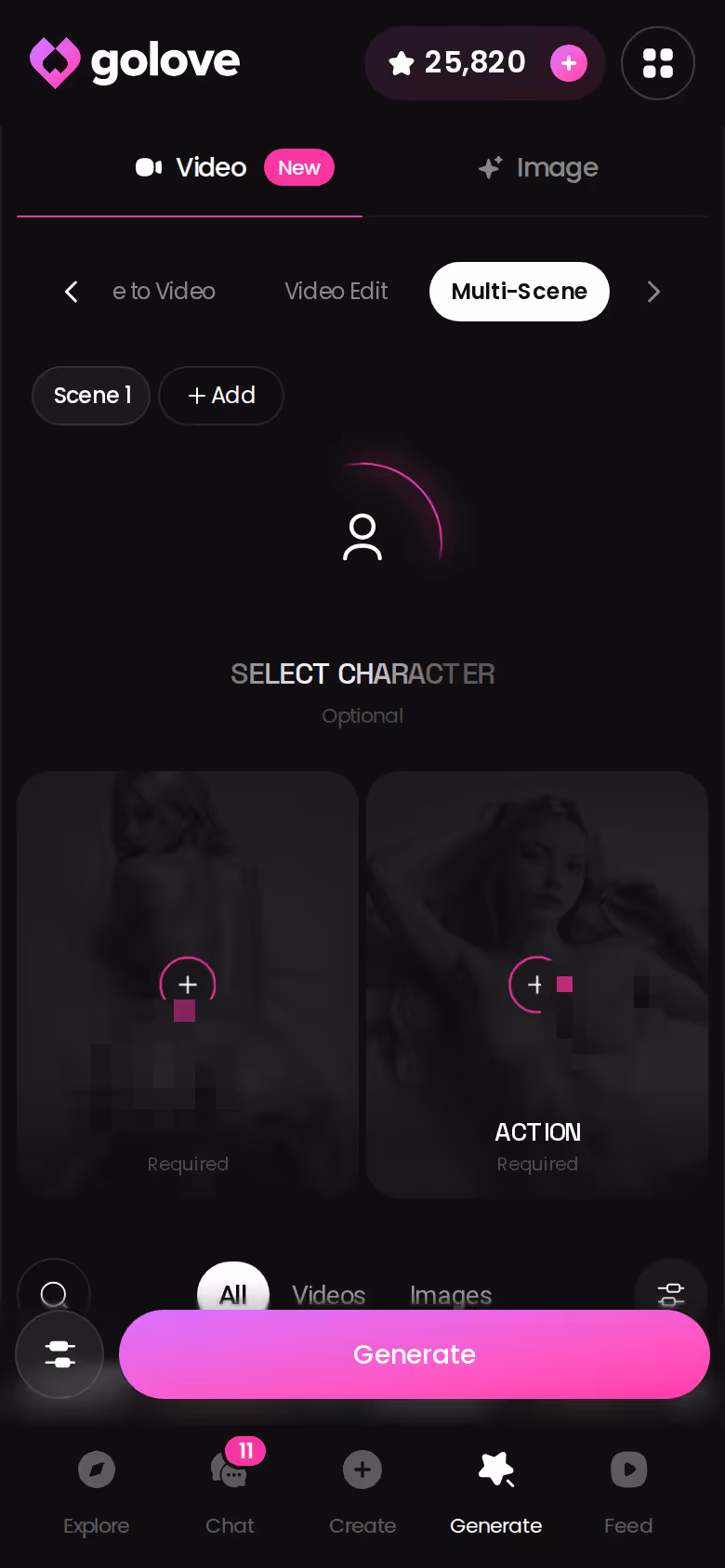 GoLove mobile video generator with preset scene cards for a chosen character
