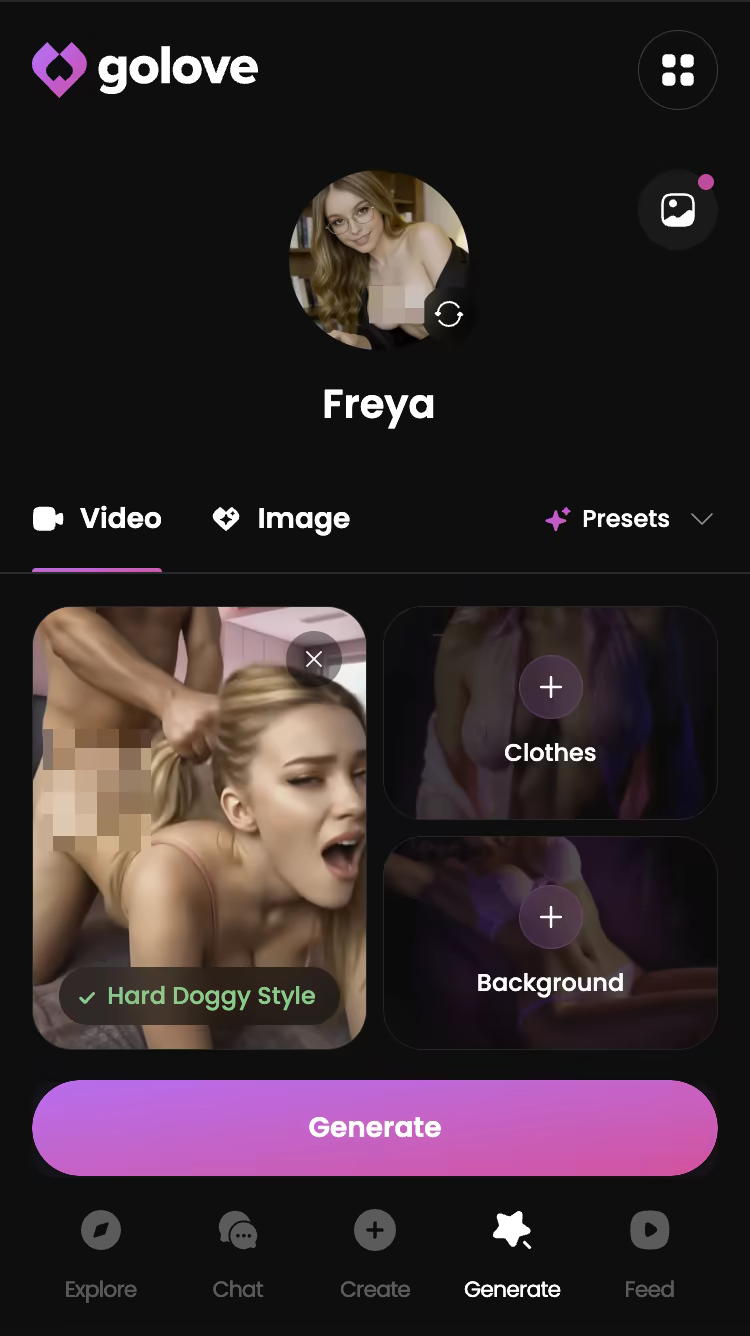 Explicit action preset selected in the GoLove.ai video generator — nsfw ai boyfriend