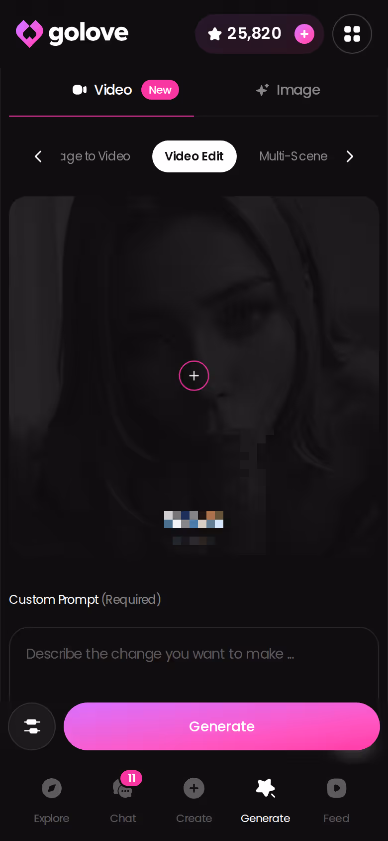 GoLove.ai Video Edit on mobile, changing an existing clip instead of generating from scratch